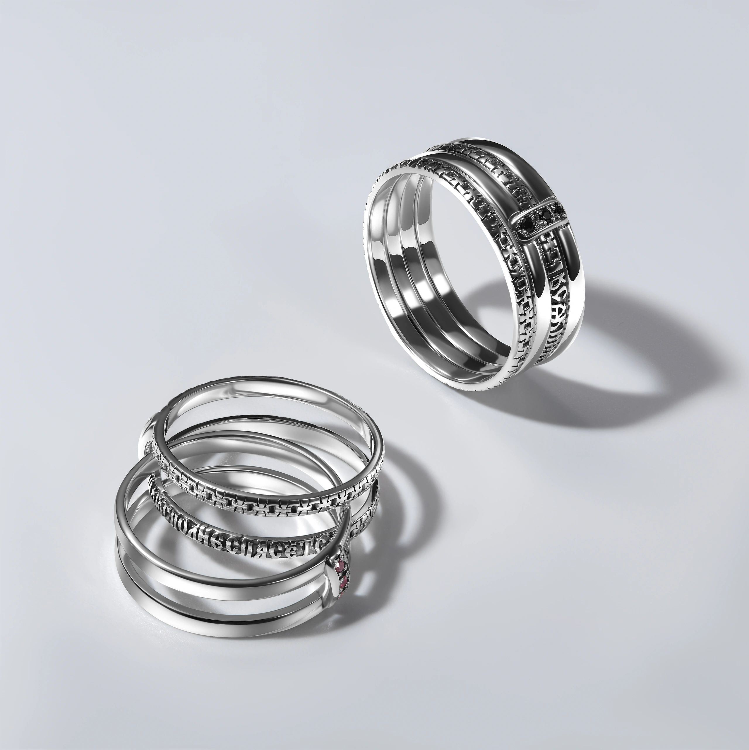 sterling silver stacking rings, clean modern upscale jewellery product photography